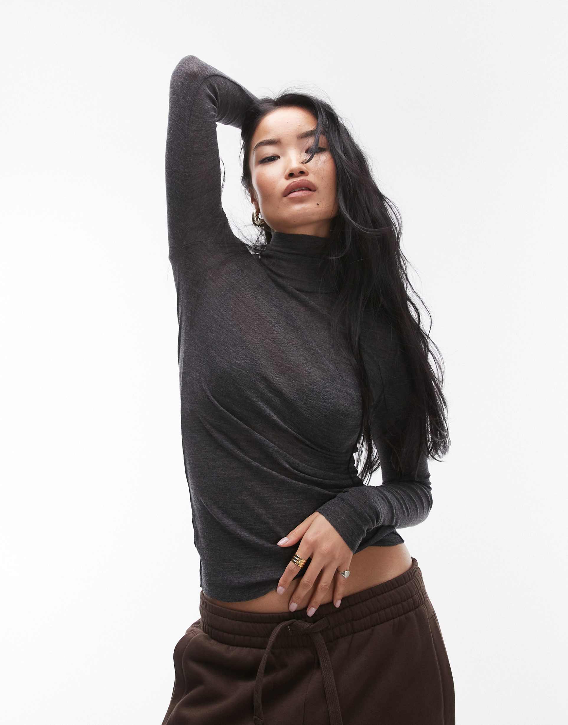 arket merino wool semi sheer slim fit top with long sleeves and high neck in gray
