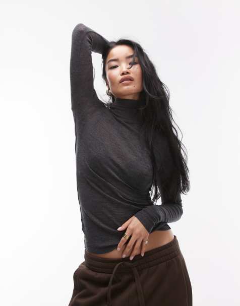 ARKET merino wool semi sheer slim fit top with long sleeves and high neck in grey - view 1