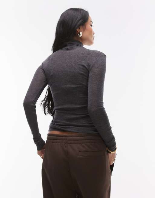 ARKET merino wool semi sheer slim fit top with long sleeves and high neck in grey, 4 of 4