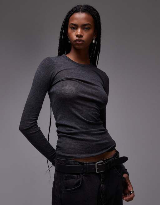 ARKET merino wool semi sheer slim fit top with long sleeves in dark gray