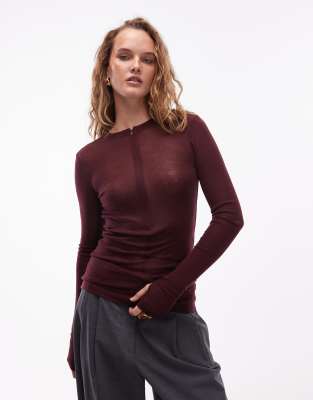 Arket Merino Wool Semi Sheer Top With Half Zip In Red