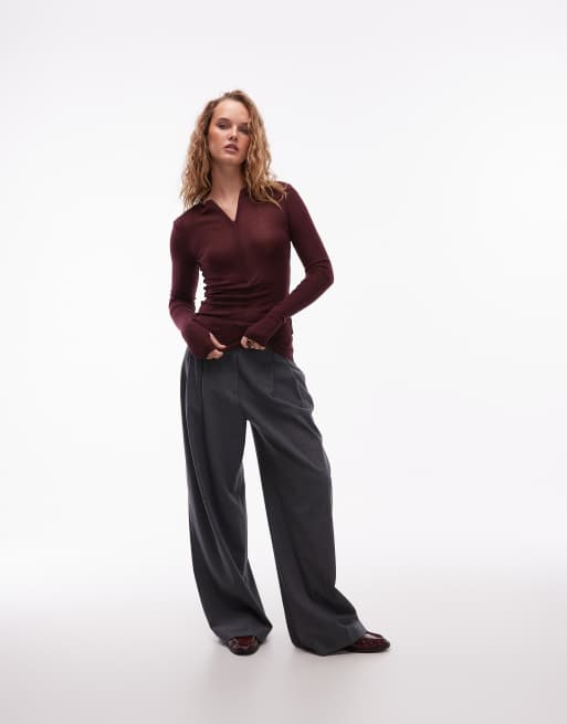 ARKET merino wool semi sheer top with half zip in red, 2 of 4