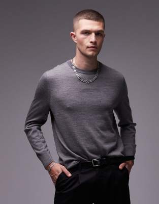 merino wool sweater with crew neck in dark gray melange