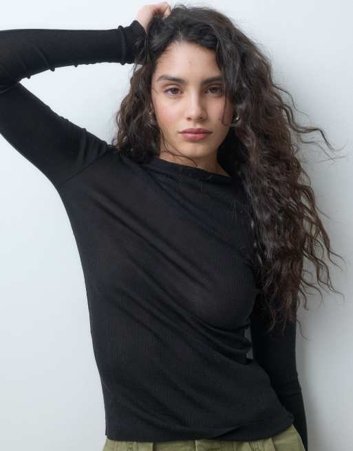 ARKET merinouldsstrikket halvgennemsigtig top med bred rib og mock neck i sort, 2 af 4