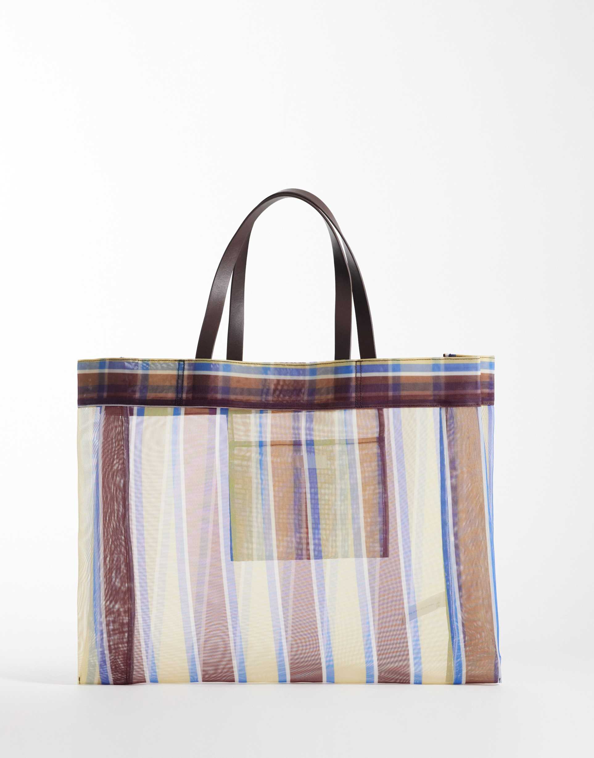 arket mesh beach tote bag in yellow stripe