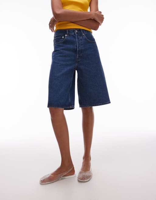 ARKET mid waist five pocket loose denim twill shorts in midwash blue