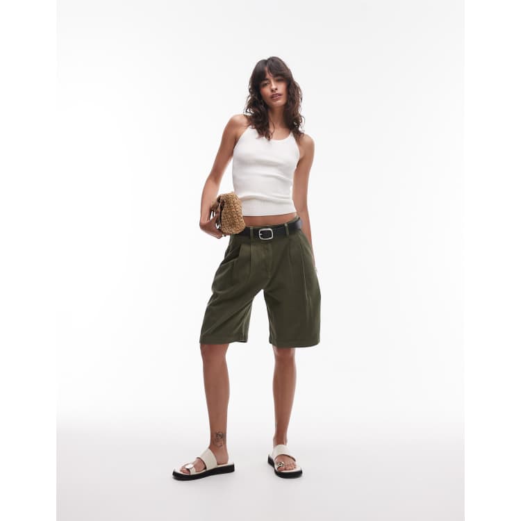 ARKET mid waist front crease bermuda shorts in khaki green | ASOS