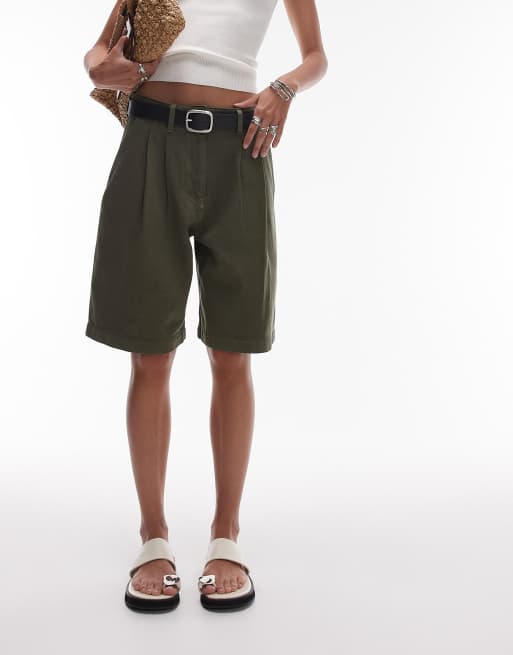 ARKET mid waist front crease bermuda shorts in khaki green