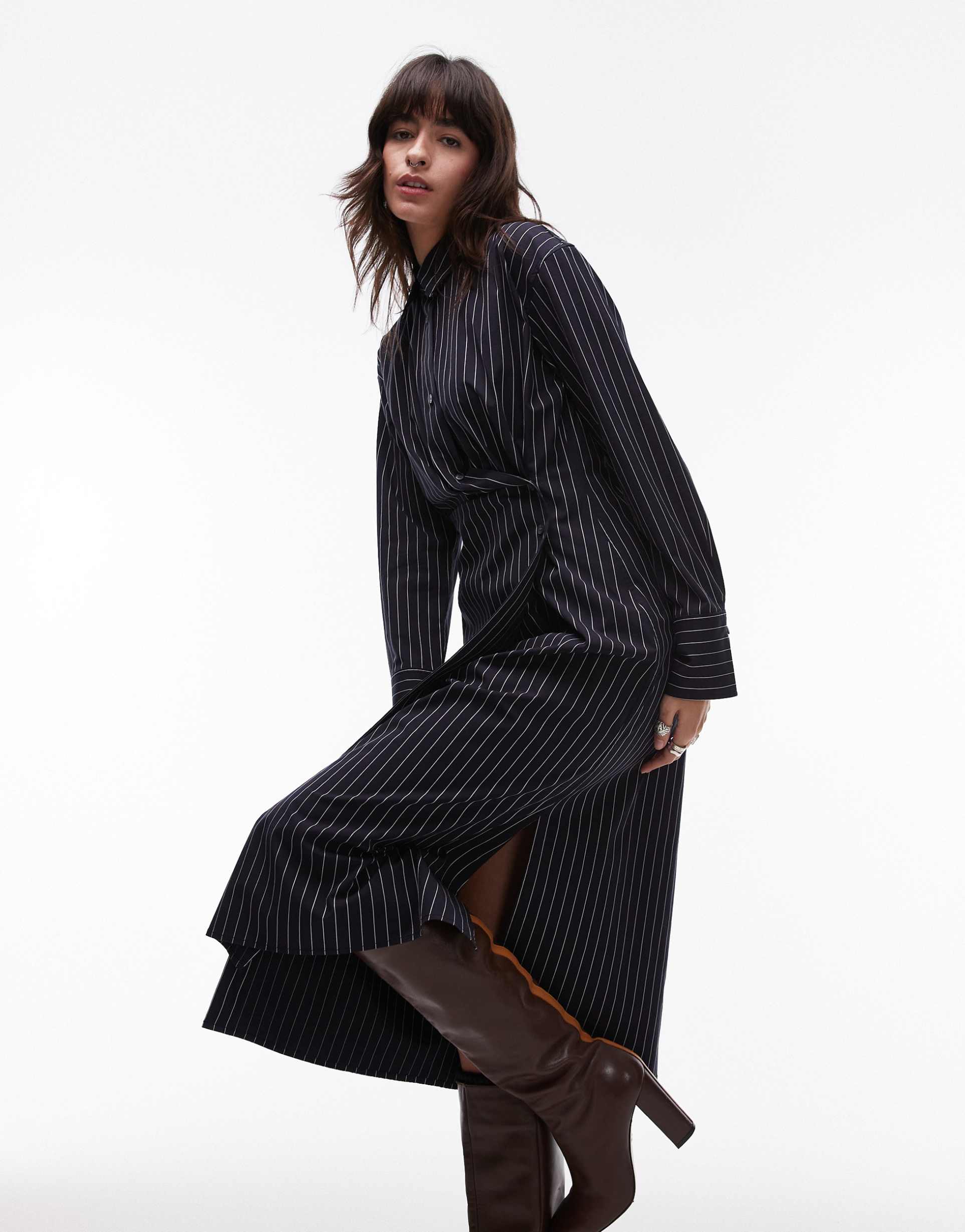 arket midaxi asymmetric button front shirt dress in navy stripe