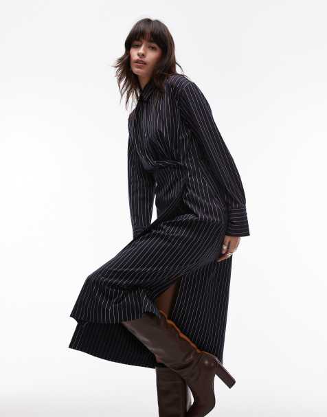 ARKET midaxi asymmetric button front shirt dress in navy stripe