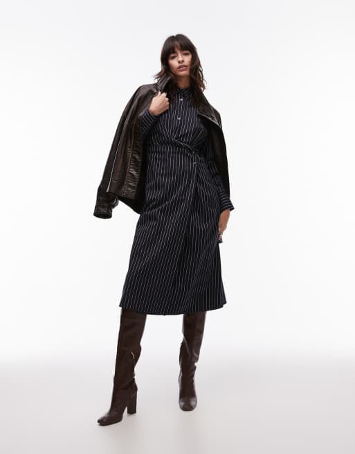 ARKET midaxi asymmetric button front shirt dress in navy stripe | ASOS