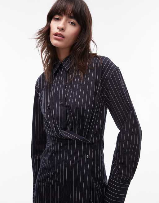 navy pinstripe shirt dress Women's Blue Pinstripe Tie Detail Button Down Shirt Dress