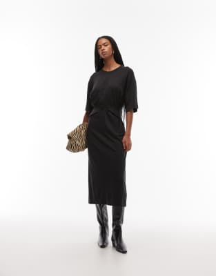 ARKET - Midaxi-Kleid aus Baumwollmix in Schwarz mit halblangen Ärmeln und gewickelter Taille