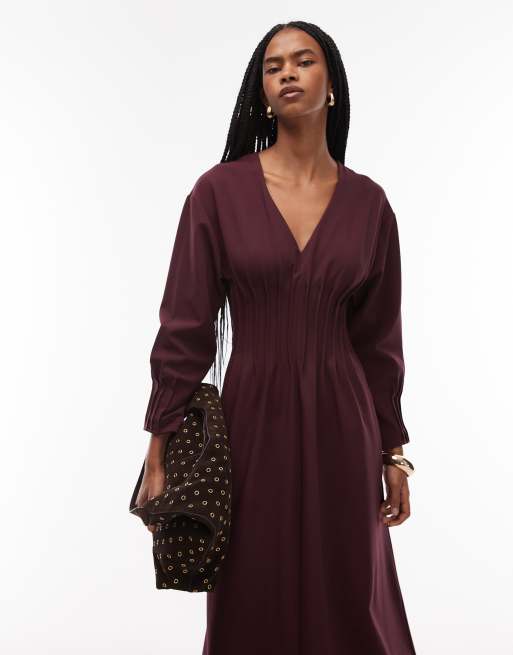 ARKET – Midaxi-Kleid in Burgunderrot mit V-Ausschnitt, geraffter Taille und voluminösen Ärmeln, 2 von 4