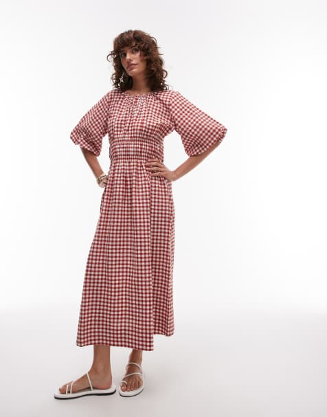 ARKET midi dress with shirred bodice and puff sleeves in red and white gingham check - view 1