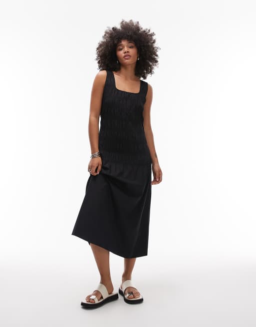 ARKET midi dress with smocked bodice and drop waist in black