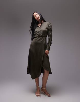 Arket ARKET midi shirt dress with asymmetric drape detail in khaki green