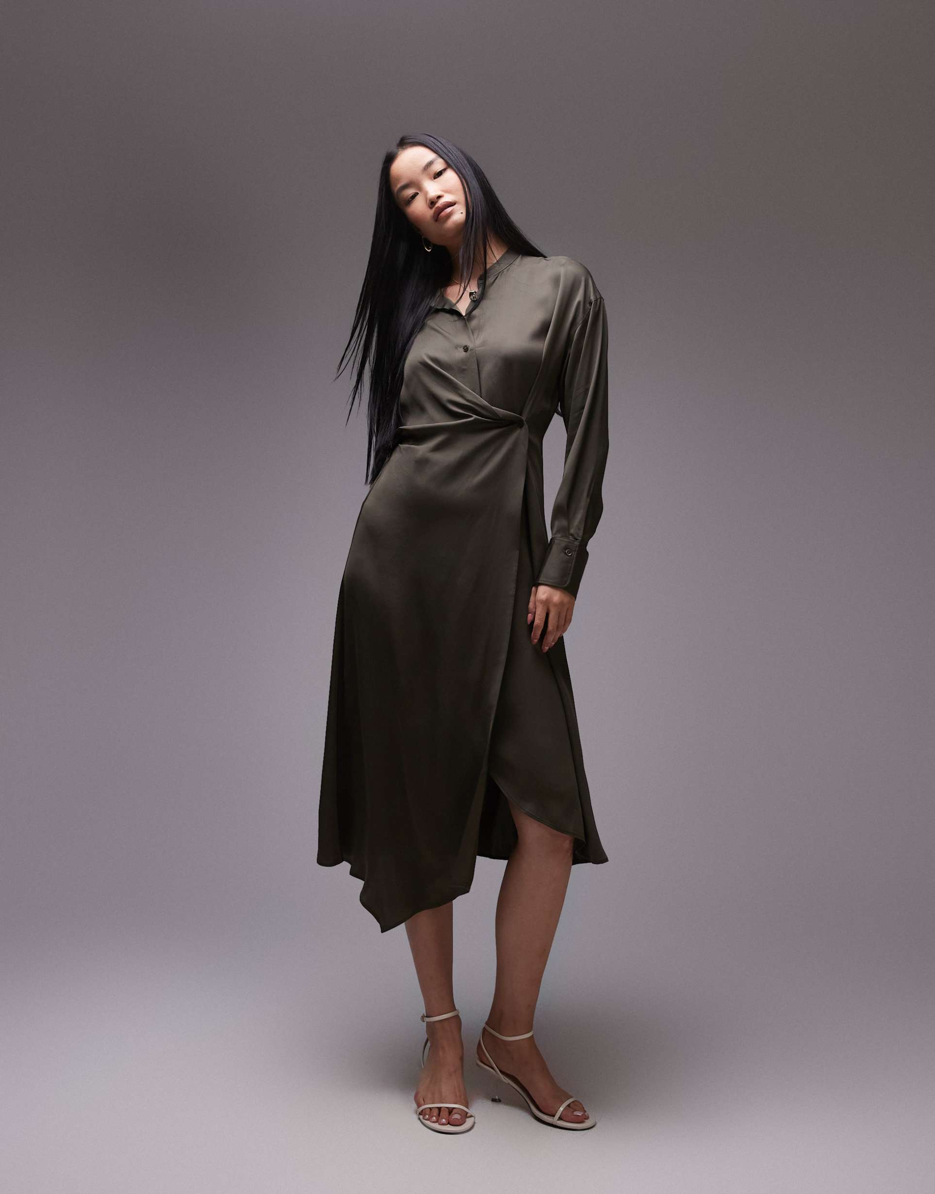 arket midi shirt dress with asymmetric drape detail in khaki green