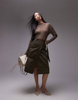 Arket Midi Wrap Skirt With Pleat Detail And Utility Pocket In Dark Khaki Green