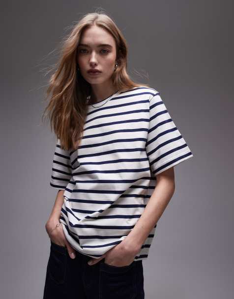 ARKET midweight short sleeve t-shirt in blue and white strips - view 1