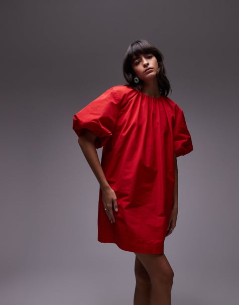 ARKET mini dress with ruched neckline and puff short sleeves in red - view 1