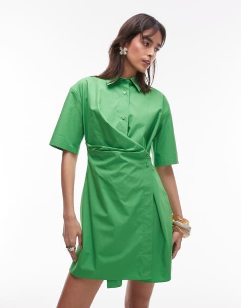 ARKET mini shirt dress with button wrap front in green - view 1