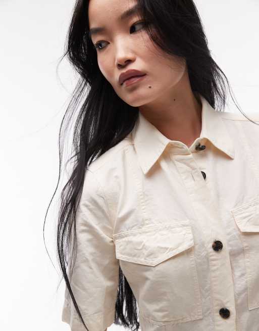 ARKET mini shirt dress with front patch pockets in stone, 2 of 4