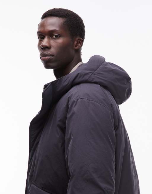 ARKET minimal down hooded padded jacket in navy, 4 of 5