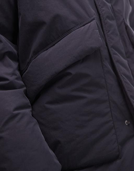 ARKET minimal down hooded padded jacket in navy, 5 of 5