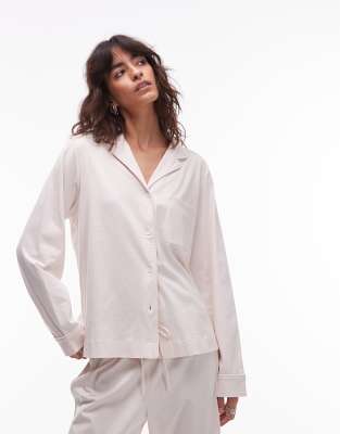 ARKET - Mix and Match - Langärmliges Pyjama-Oberteil aus Baumwolle in Beige mit Knopfleiste und weißer Kontrastpaspelier...