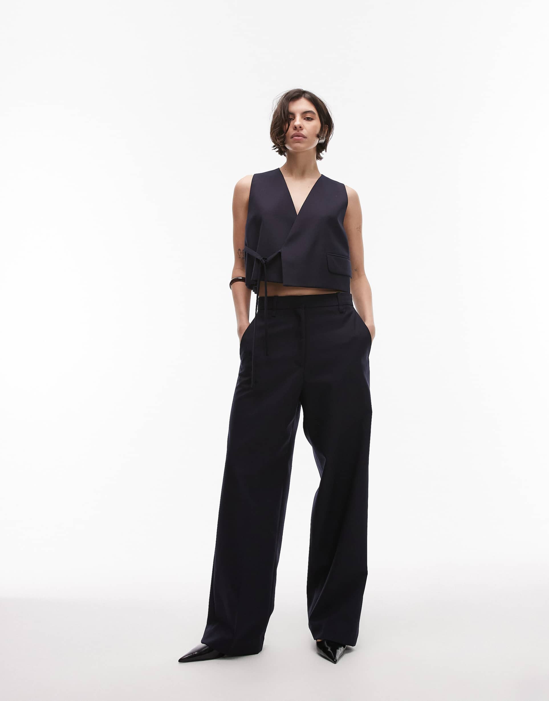 arket mix and match pure wool wide leg tailored pants in navy blue