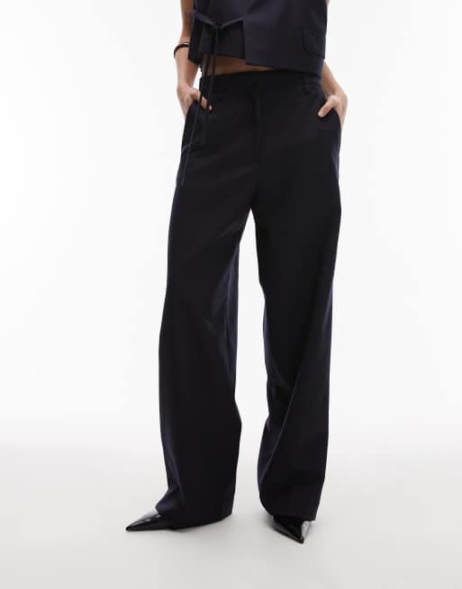 ARKET Mix and Match pure wool wide leg tailored pants in navy blue