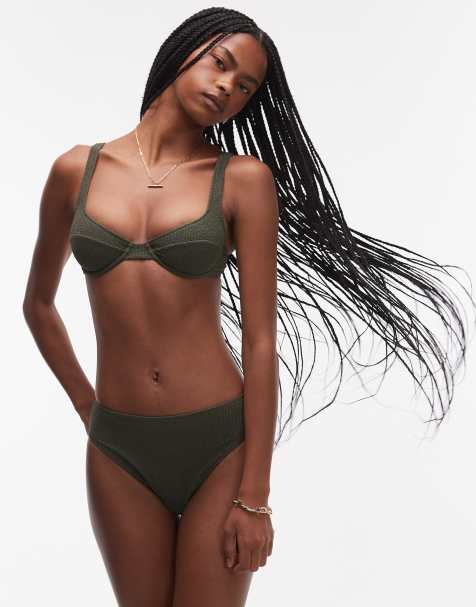 ARKET mix & match crinkle bubble bikini bottom in dark green - view 1