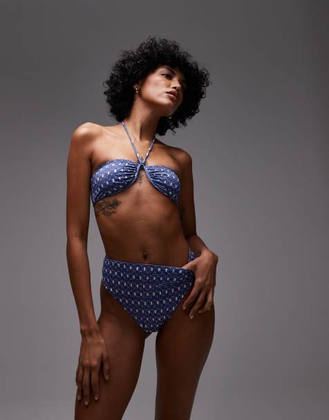 ARKET mix & match high waist bikini bottom briefs in blue and white print - view 1