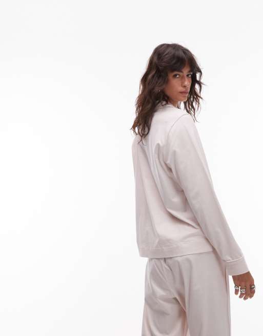 ARKET - Mix og match - Langærmet beige pyjamasskjorte i bomuld med knapper og hvide kontrastkanter, 3 af 4