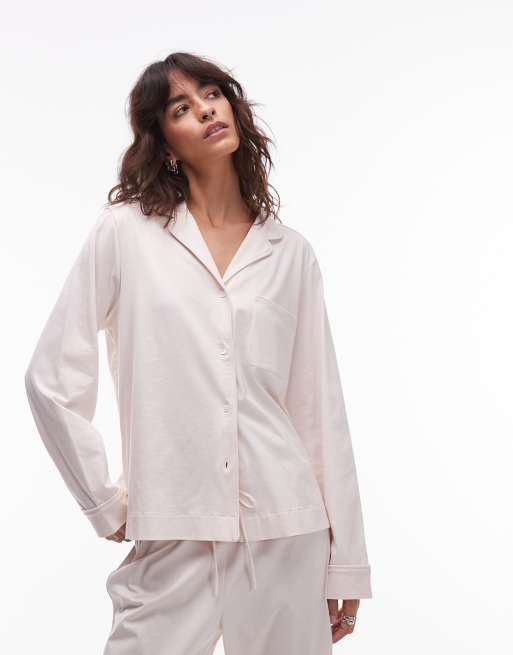 ARKET – Mixa och matcha – Beige pyjamastopp i bomull med långa ärmar och vita passpoaler