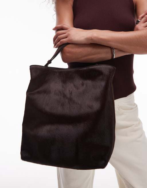 ARKET - Mørkebrun shopper-taske med tote-rem i ægte læder med hestehår