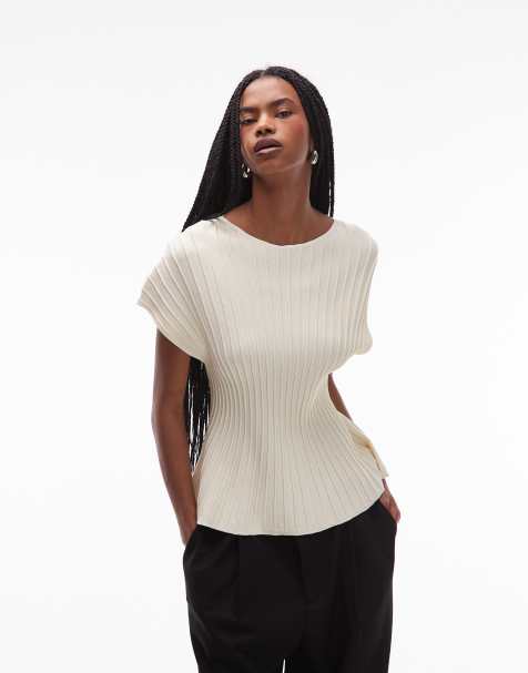 ARKET – Naturvit, ribbad peplum-topp med markerad midja - view 1