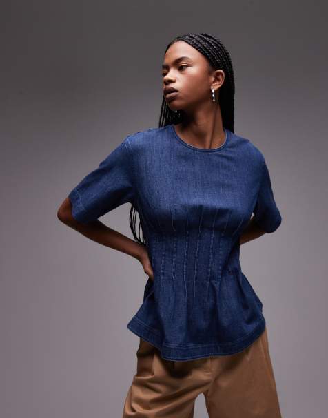 ARKET lightweight denim blouse  with pleated bodice in mid wash blue