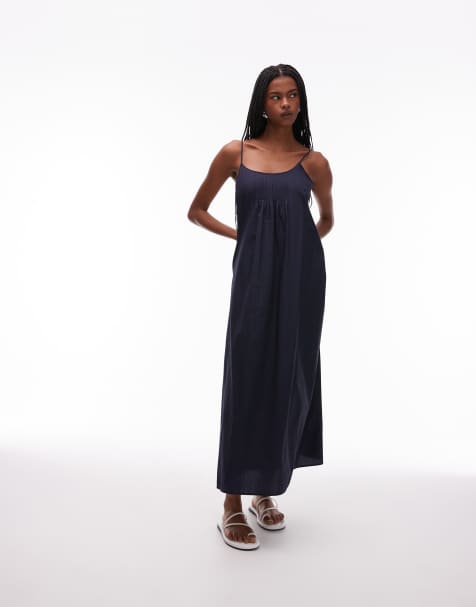 ARKET pure cotton poplin maxi beach dress with spaghetti straps in blue
