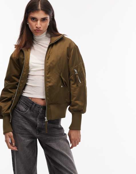 ARKET sporty nylon bomber jacket with funnel neck in khaki green
