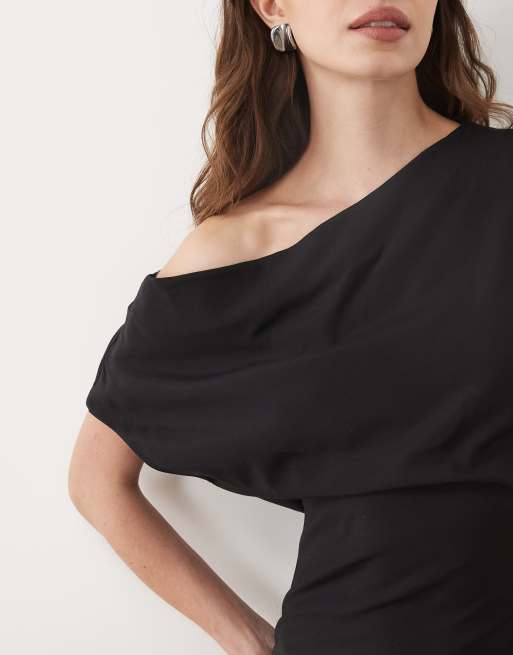 ARKET one shoulder cinche waist maxi dress in black, 3 of 4