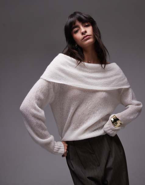 ARKET open knit sheer jumper with fold over off shoulder in off white