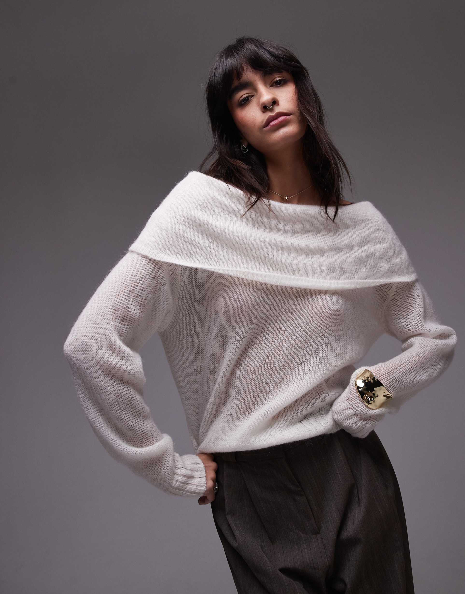 arket open knit sheer sweater with fold over off the shoulder in off white