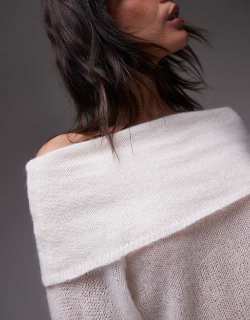 ARKET open knit sheer sweater with fold over off the shoulder in off white