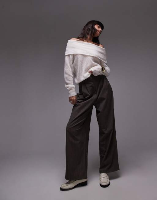 ARKET open knit sheer sweater with fold over off the shoulder in off white