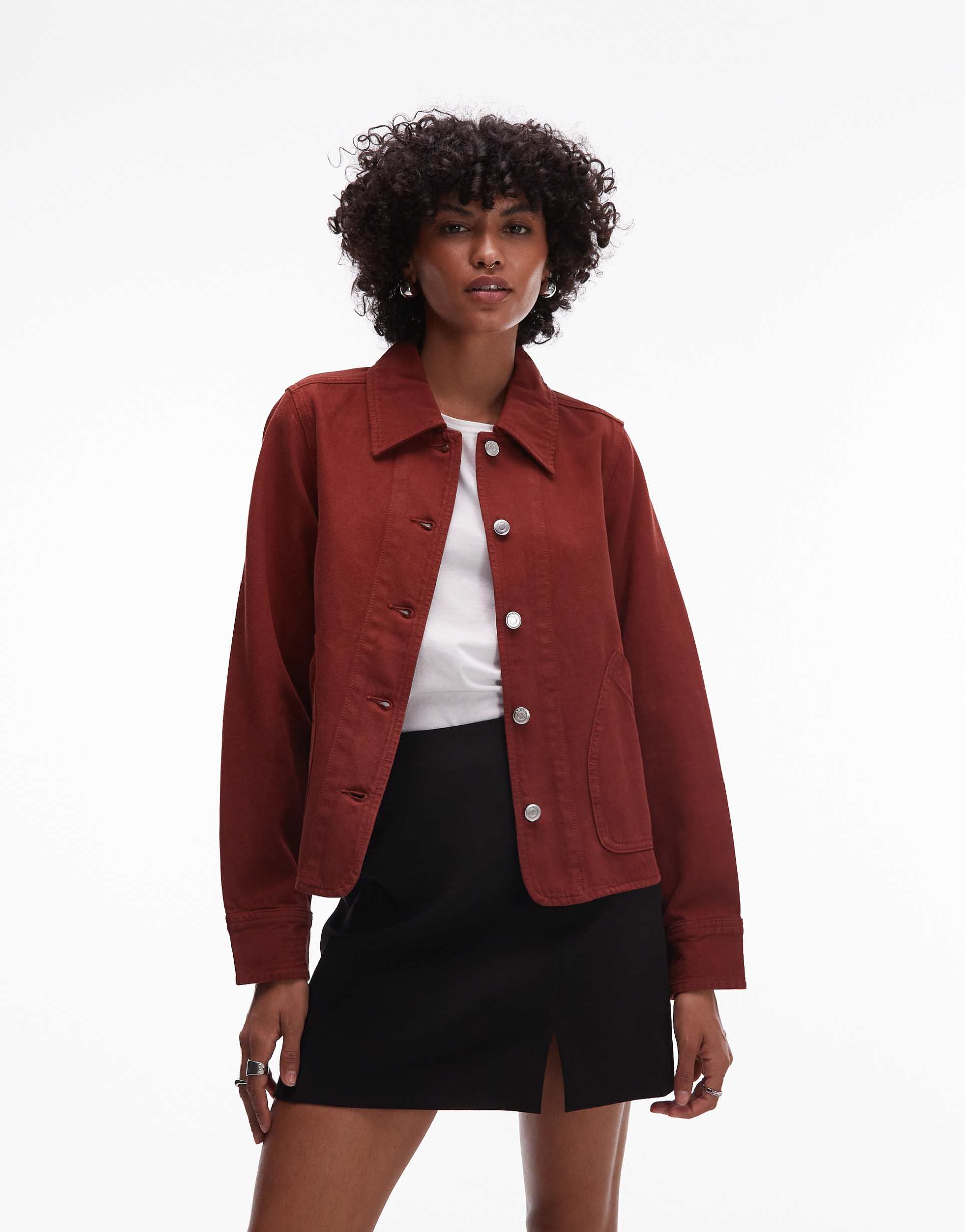 arket overdyed denim shacket with contrast collar in rust red