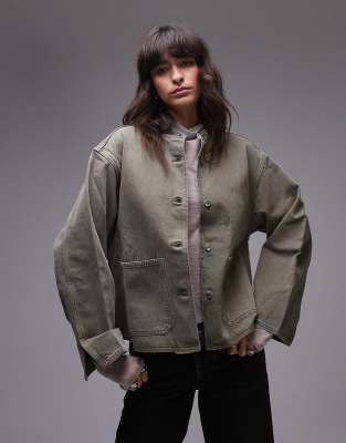 Arket Oversized Denim Shacket With High Collar And Front Patch Pockets In Washed Khaki Green