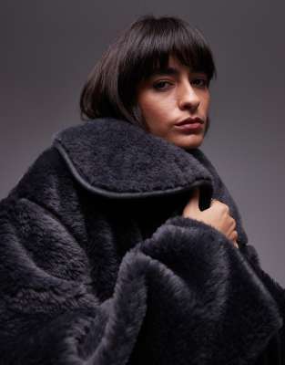 Arket Oversized Faux Shearling Jacket With Funnel Neck And Contrast Edging In Gray