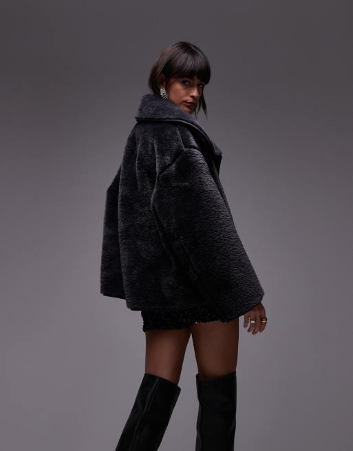 ARKET oversized faux shearling jacket with funnel neck and contrast edging in gray
